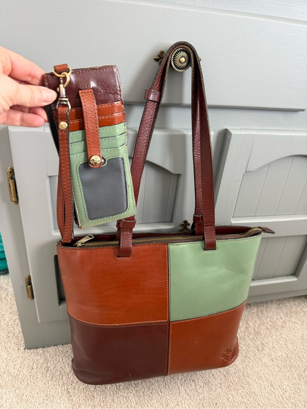 Patchwork Leather Tote with Cardholder - Brown & Mint